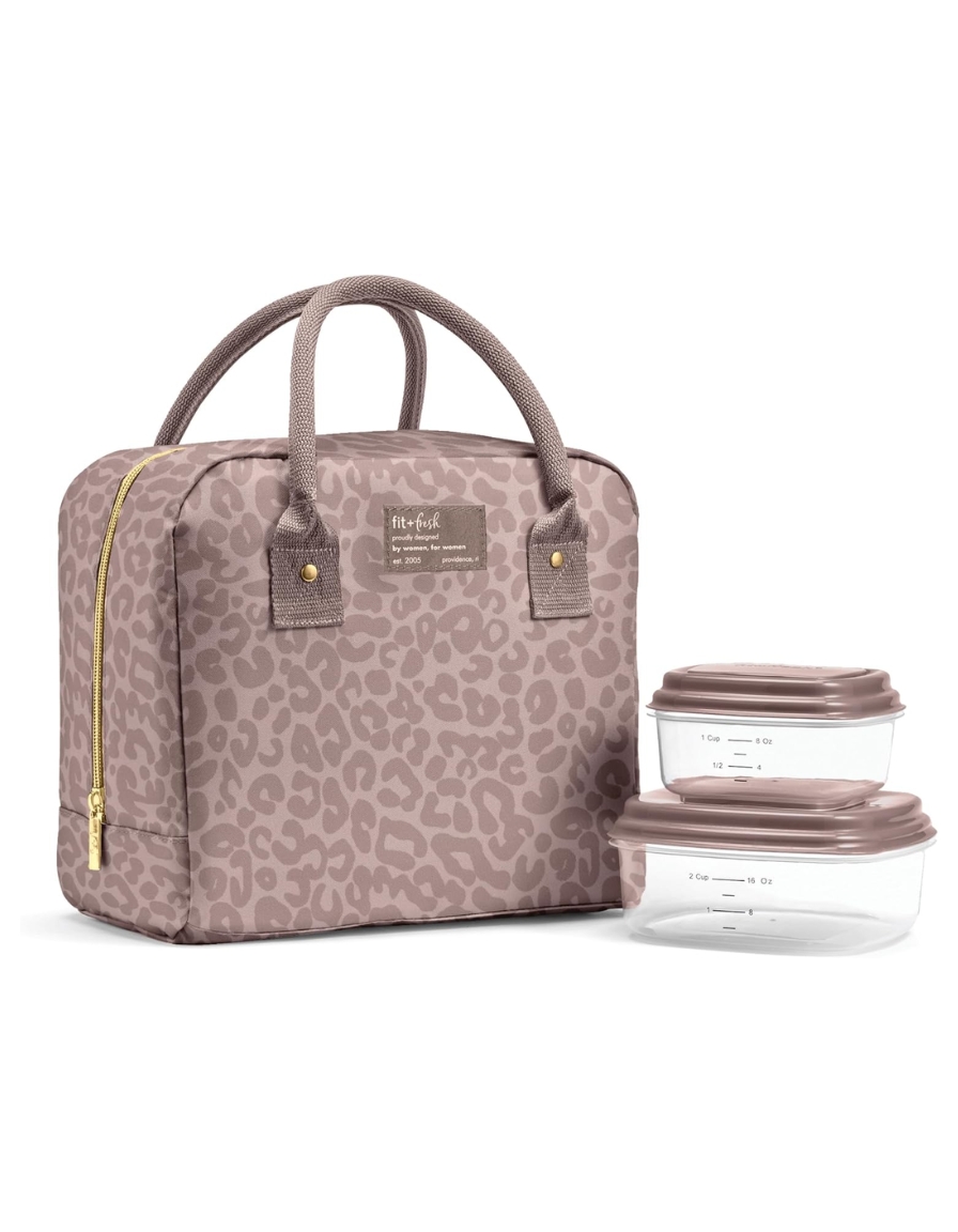 leopard print lunch bag with two containers