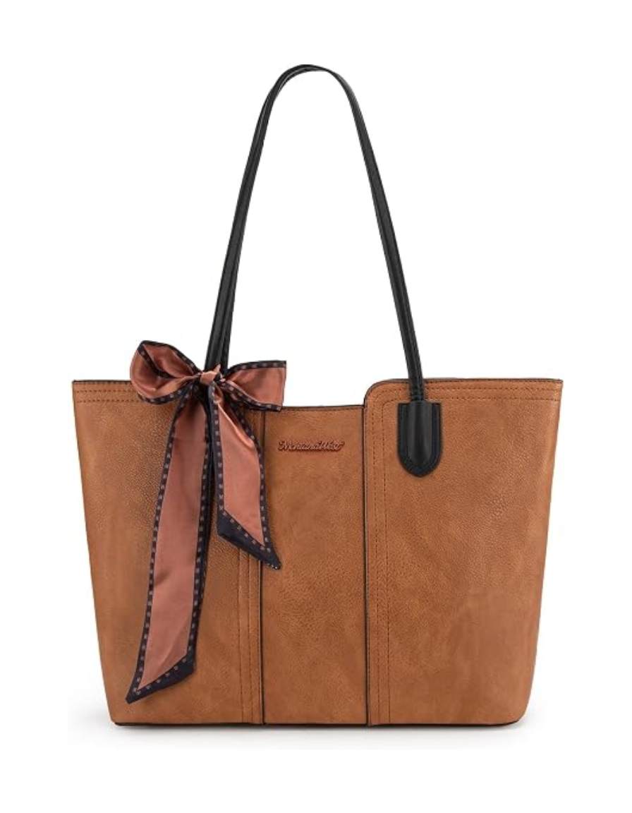 tan tote bag with a scarf bow